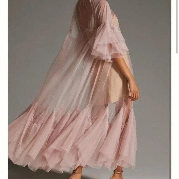 NWT Anthropologie Maeve Glamorous Tulle Maxi in Dusty Rose Pink Sheer Dress O/S - Picture 4 of 9